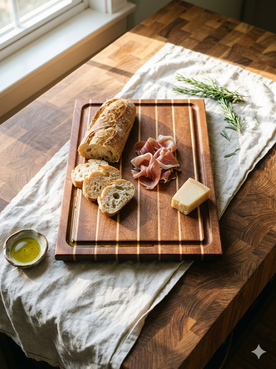 Boat Deck with juice groove — bread, prosciutto, and parmesan on the board