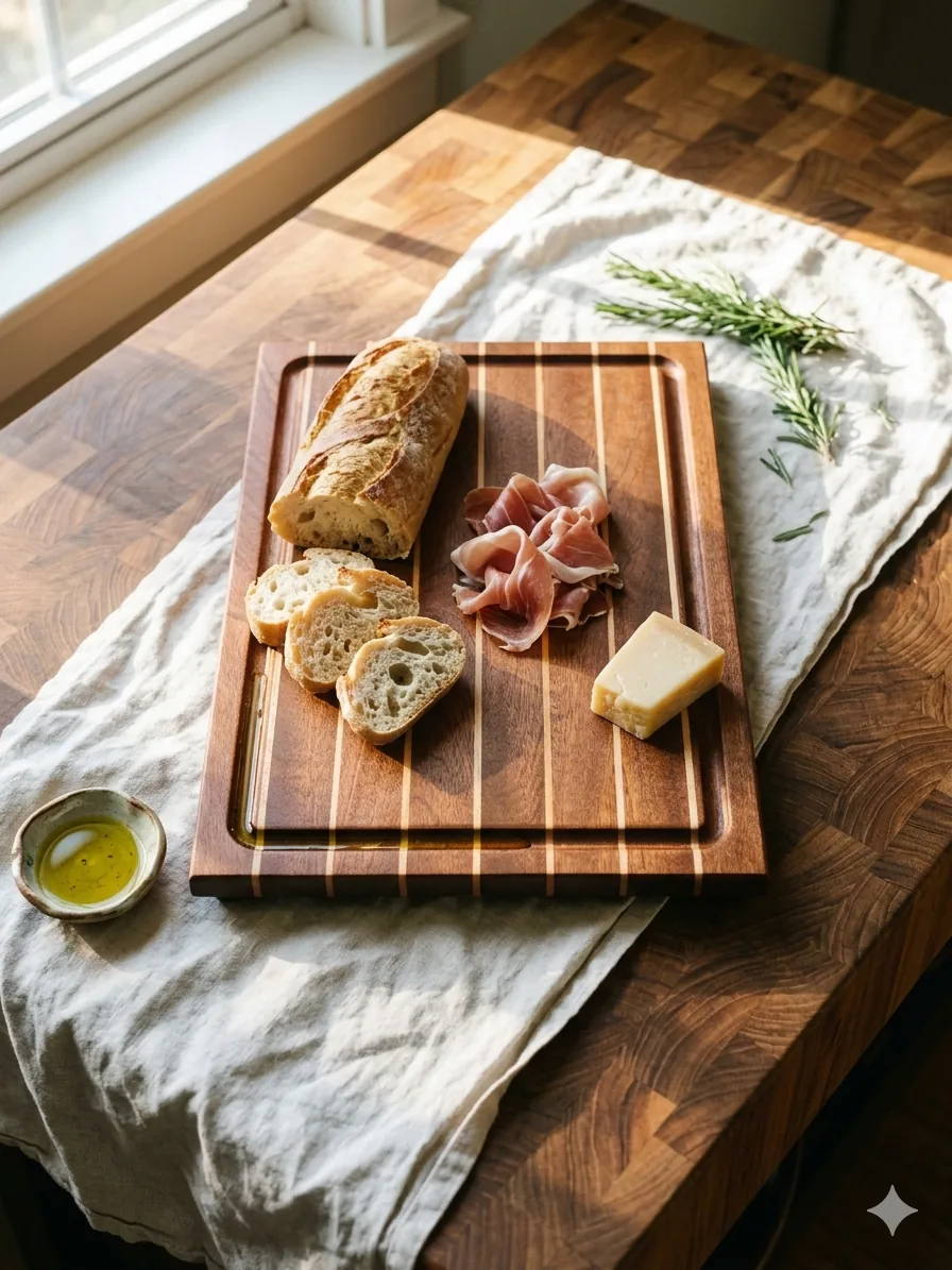 Boat Deck with juice groove — bread, prosciutto, and parmesan on the board