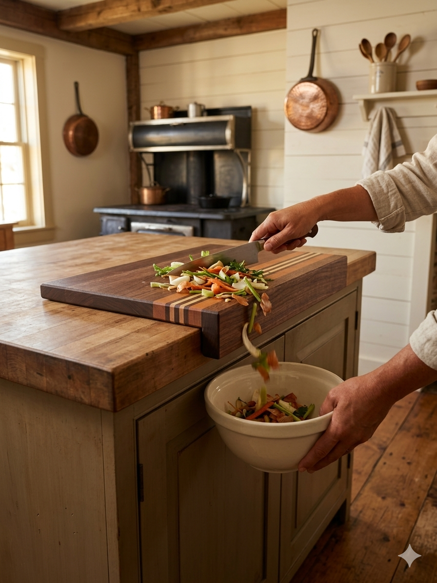 The Classic with counter lip — sweeping prep into a bowl over the counter edge