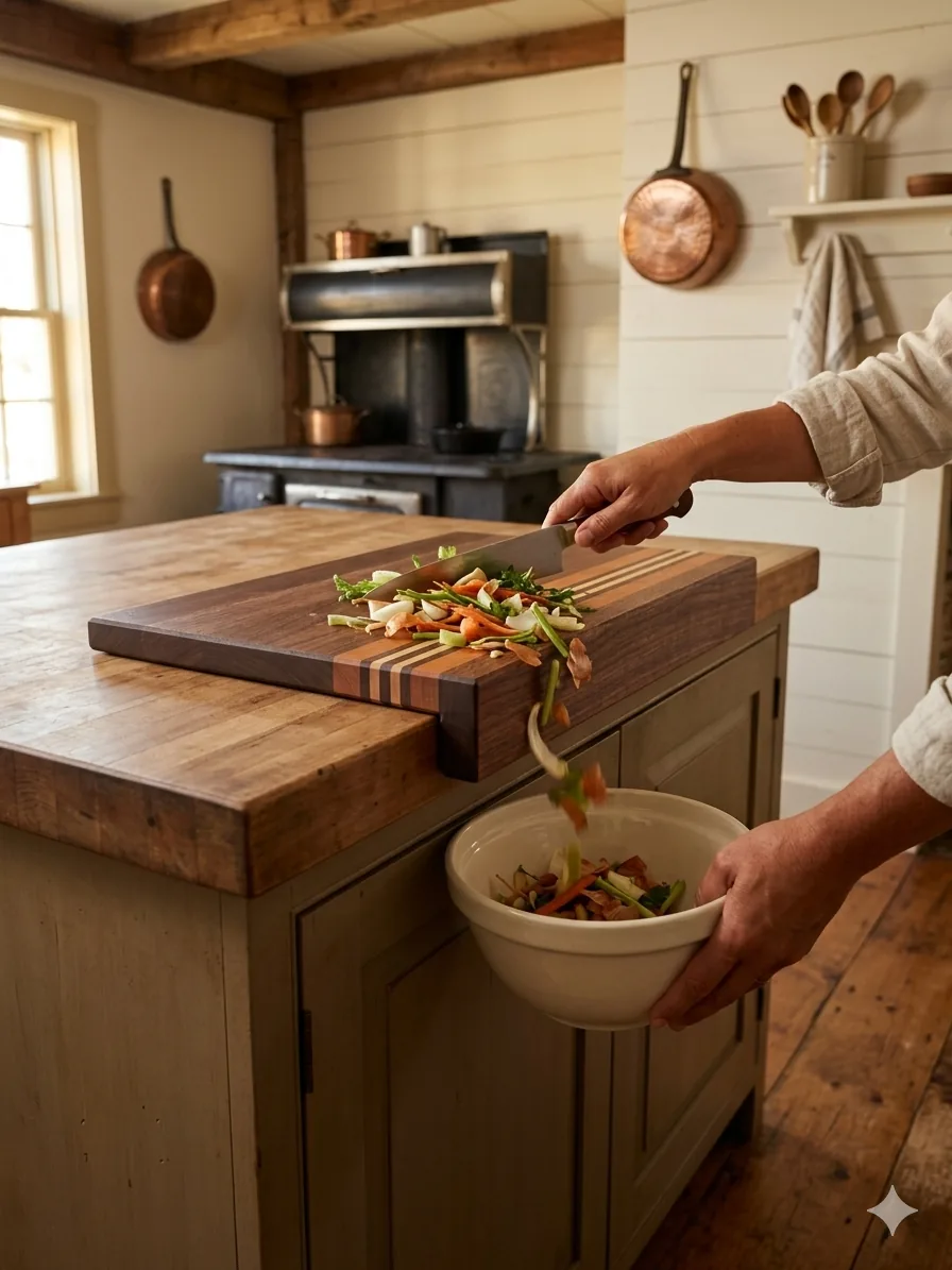 The Classic with counter lip — sweeping prep into a bowl over the counter edge