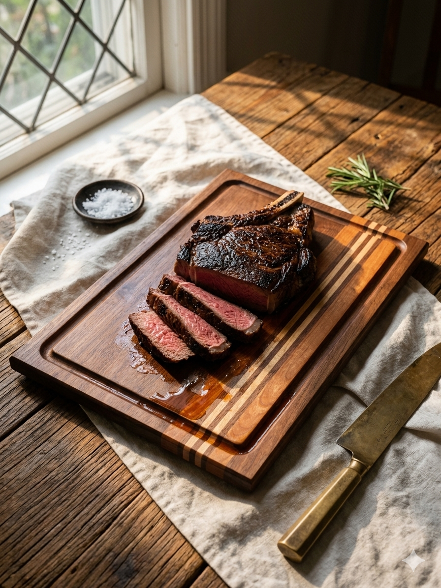 The Classic with juice groove — steak resting on the board, juice channel visible