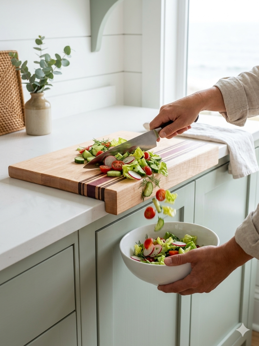 Sandbar with counter lip — sweeping salad into a bowl over the counter edge