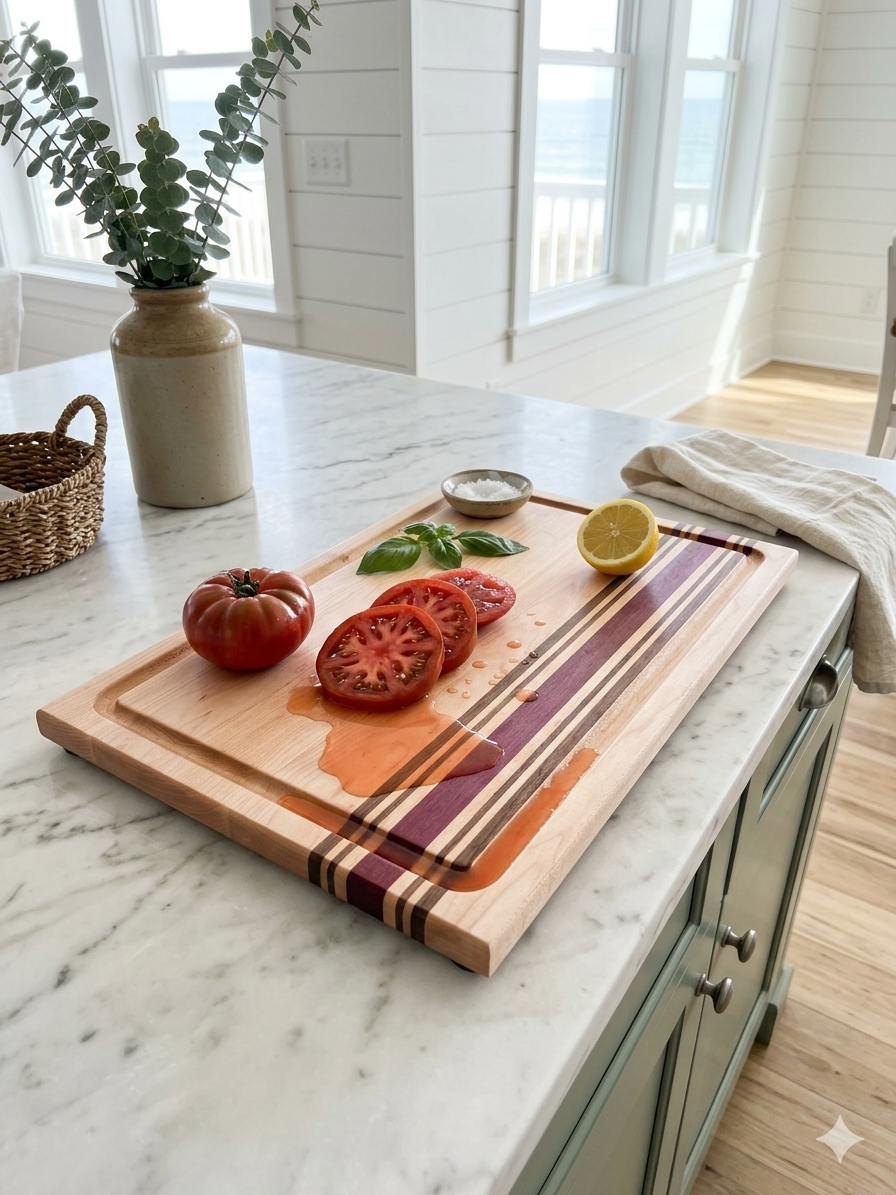 Sandbar with juice groove — sliced tomato on the board, juice channel visible