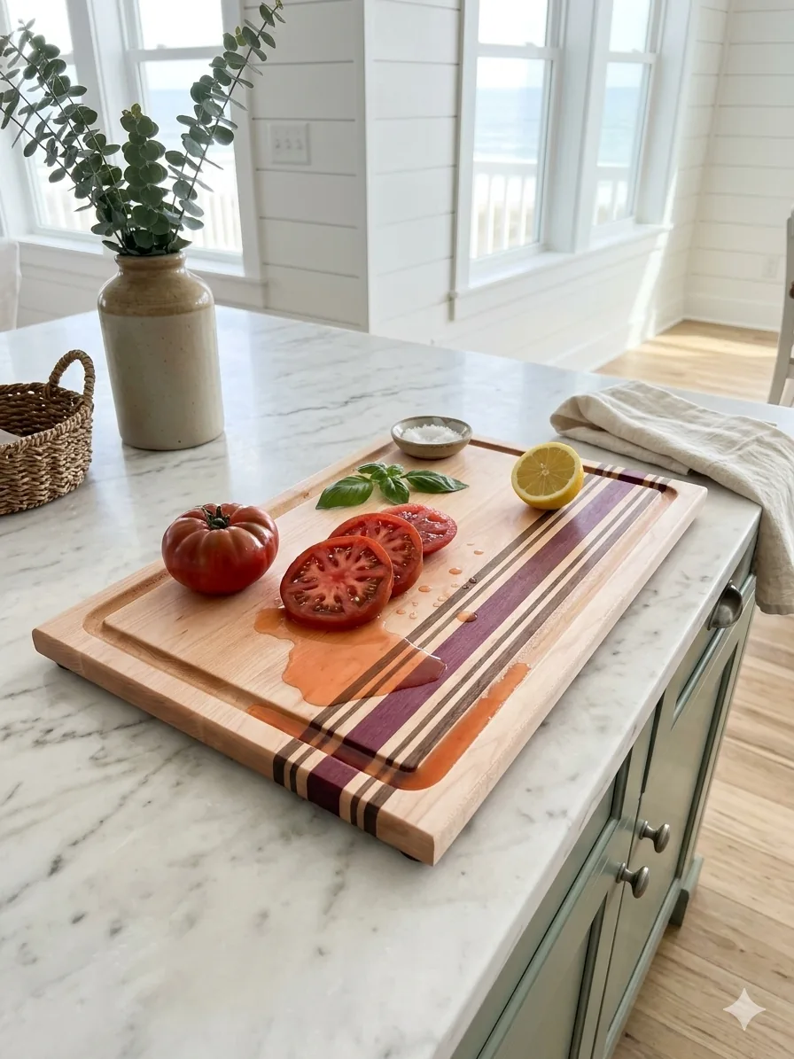 Sandbar with juice groove — sliced tomato on the board, juice channel visible