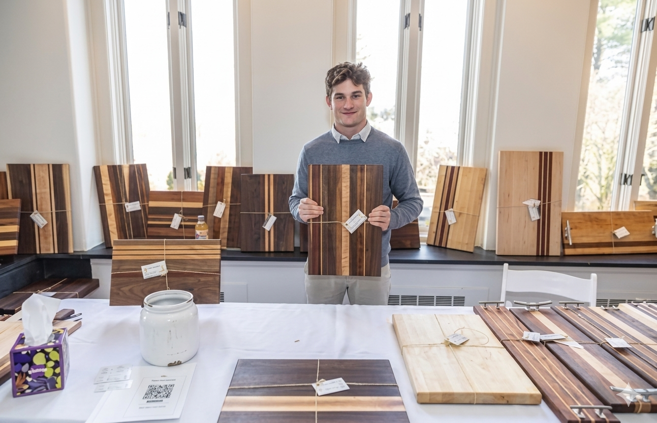 Sean Finnerty holding a Doug & Co. cutting board at a pop-up shop